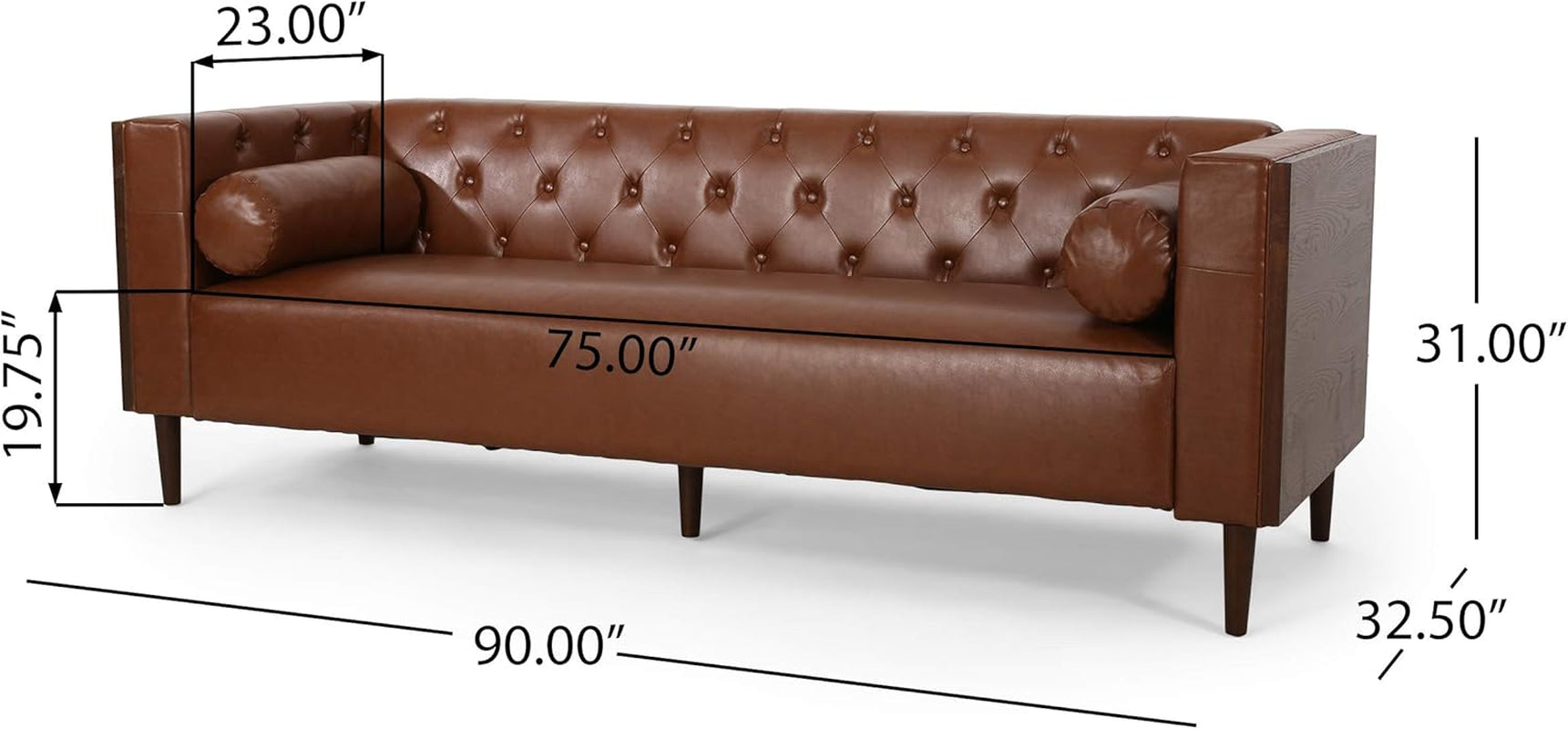 Solomon Contemporary Tufted Deep Seated Sofa with Accent Pillows, Cognac Brown and Espresso