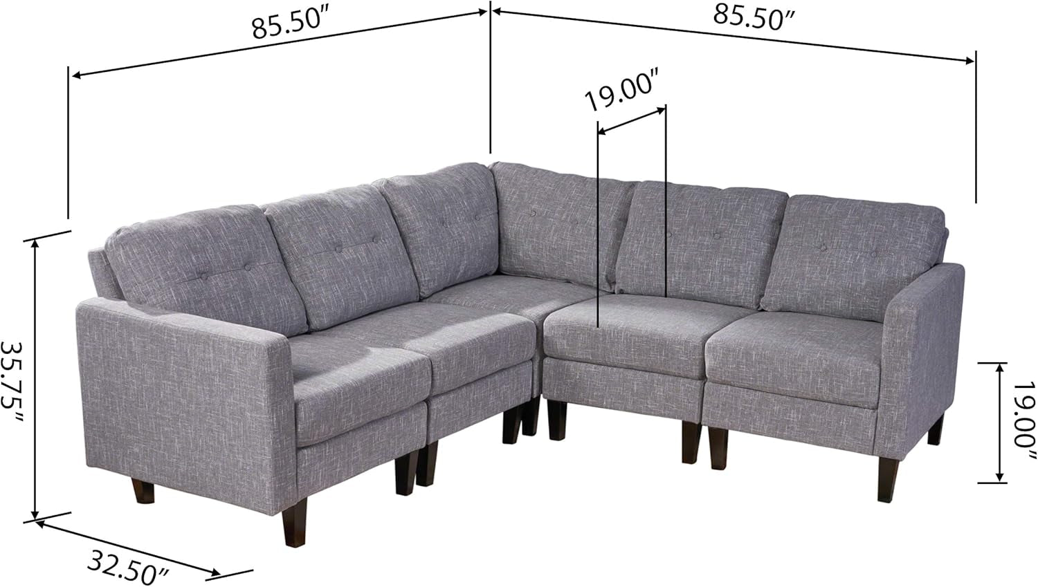 Marsh Mid Century Modern Sectional Sofa Set, Gray Tweed Dark Brown