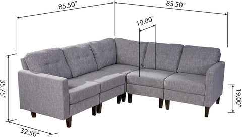 Marsh Mid Century Modern Sectional Sofa Set, Gray Tweed Dark Brown