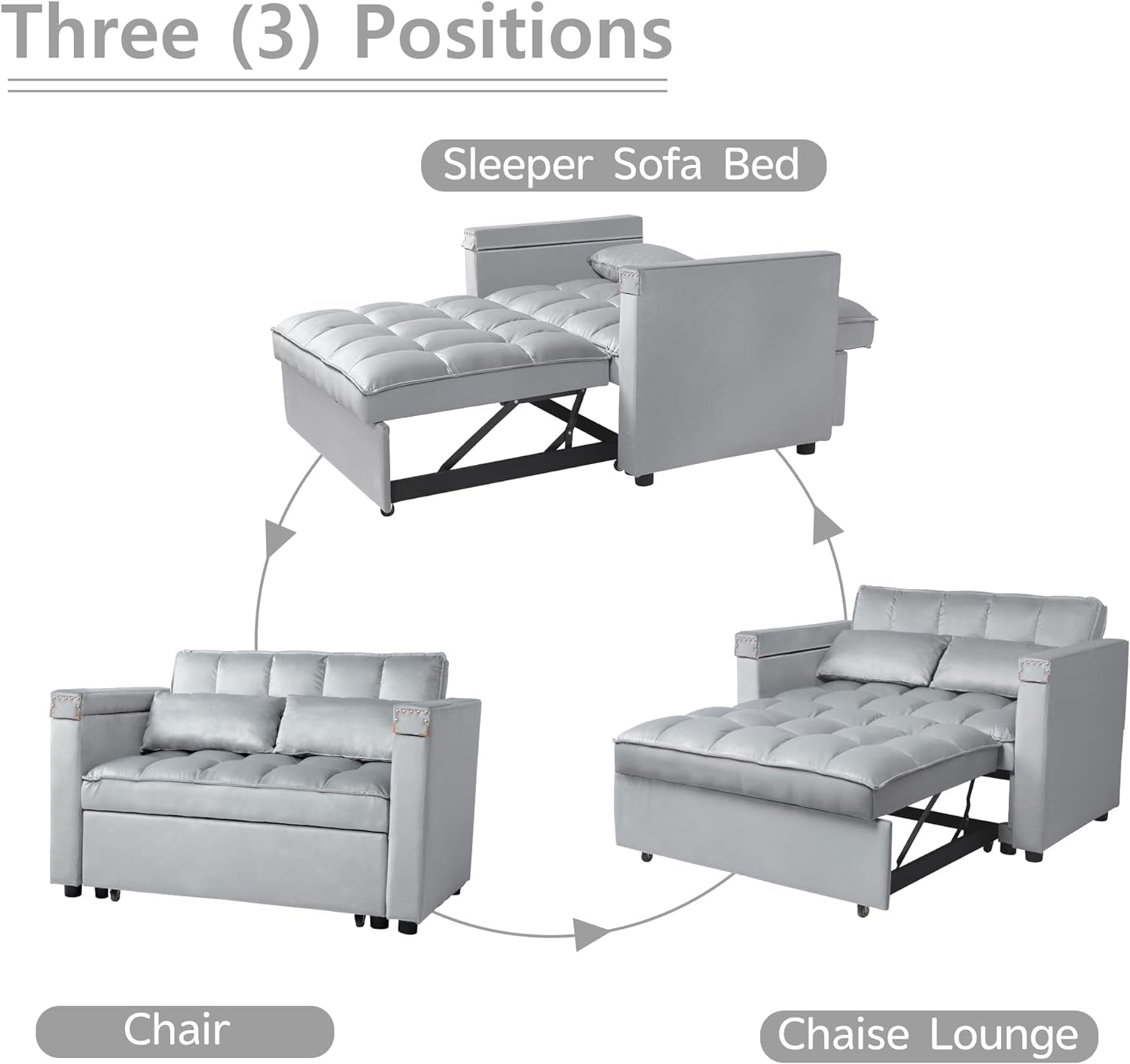 3 in 1 Multi-Functional Convertible Sleeper Sofa Bed, Modern Loveseat Sofa Couch Velvet Pull Out Bed with Reclining Adjustable Backrest &Hidden Table for Apartment Living Room Bedroom,Grey