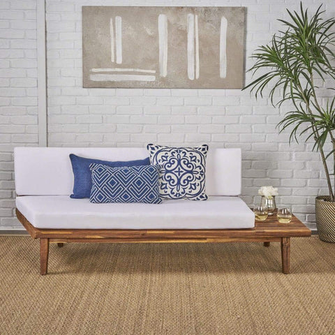 Eulah Indoor Minimalist Acacia Wood Right-Sided Sofa with White Cushions, Sandblast Finish / White