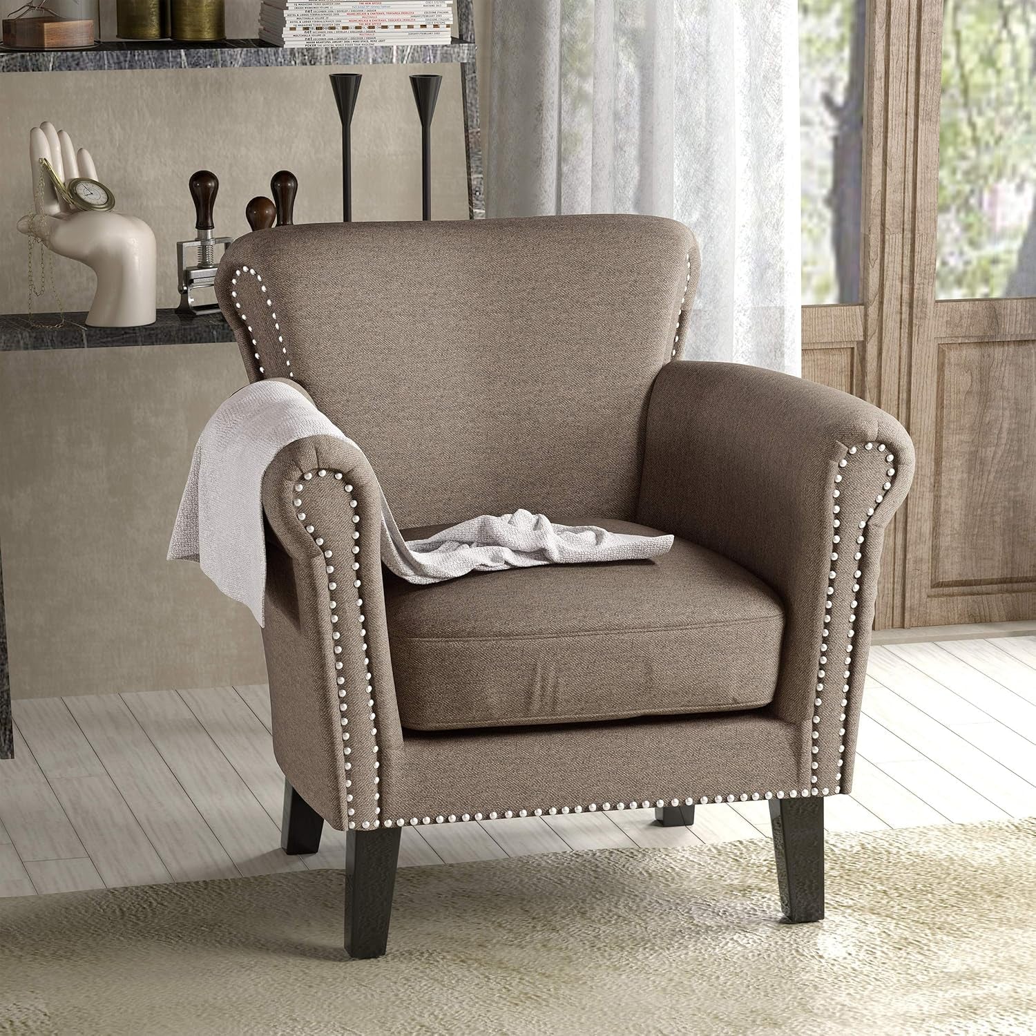 Brice Vintage Scroll Arm Studded Fabric Club Chair, Light Coffee / Dark Brown, 31D X 29.5W X 31.5H In